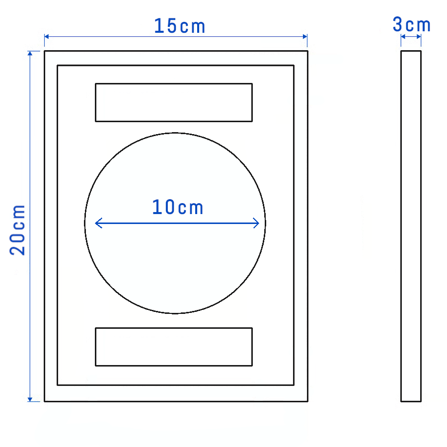 Dimension diagram showing frame size 15x20cm, 3cm depth, and 10cm circular map area.