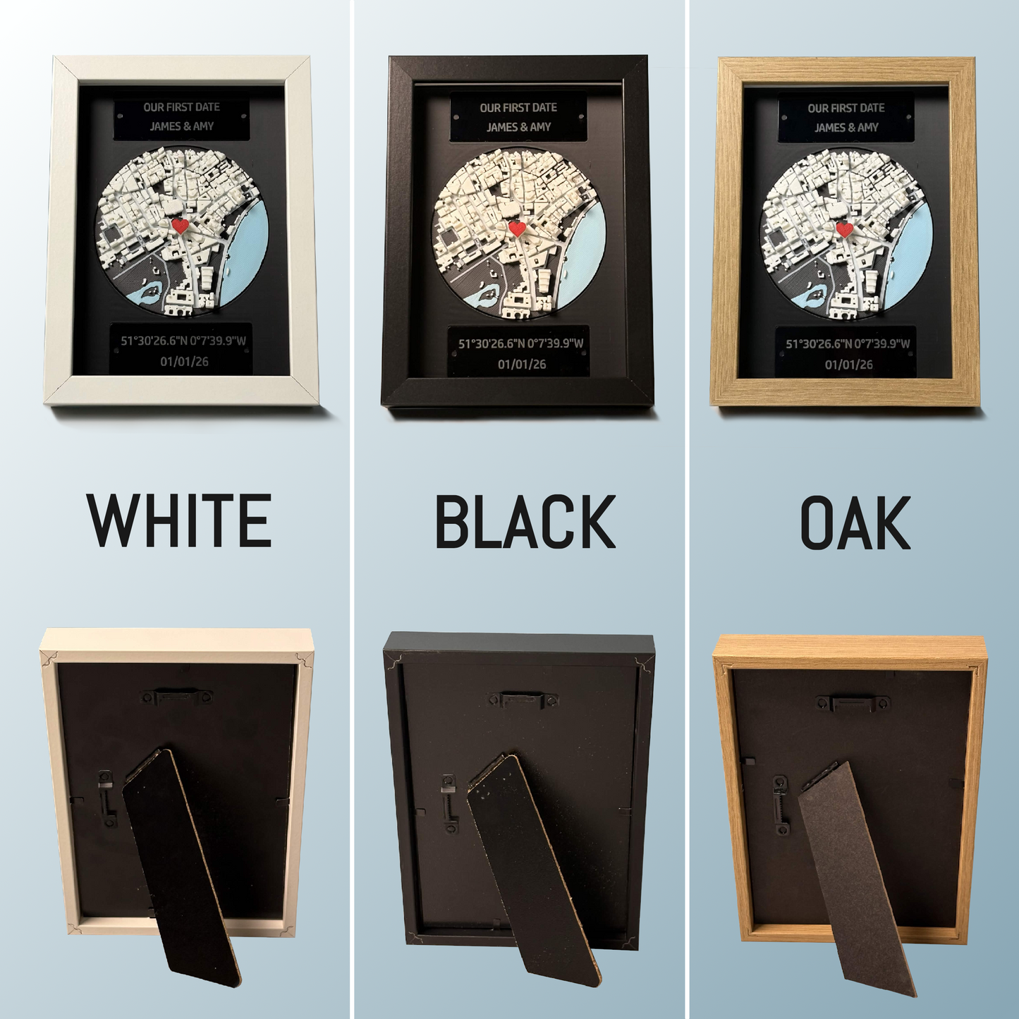 Comparison of white, black, and oak frame options, front and back views.
