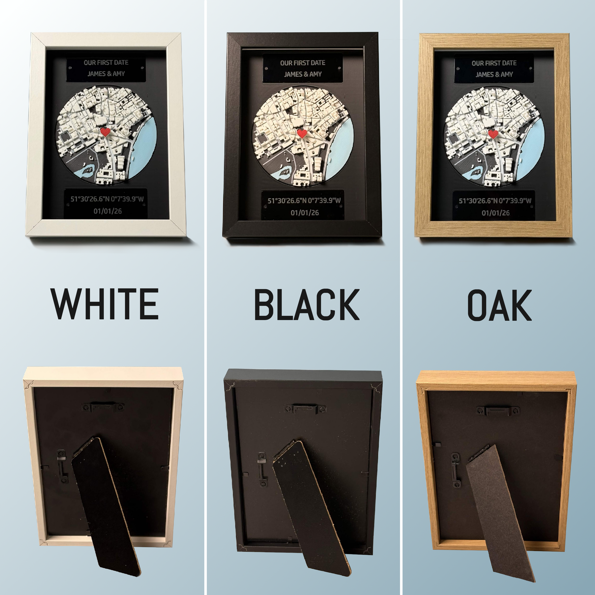 Comparison of white, black, and oak frame options, front and back views.