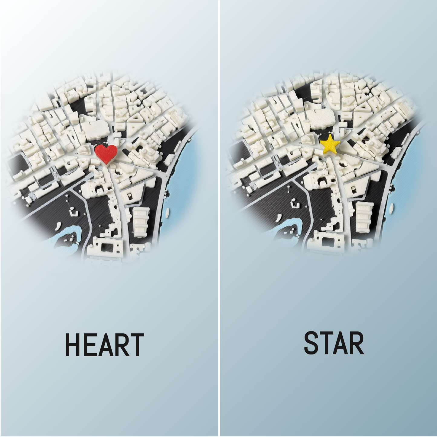 Comparison of pin style options — red heart and gold star — on the 3D map model.